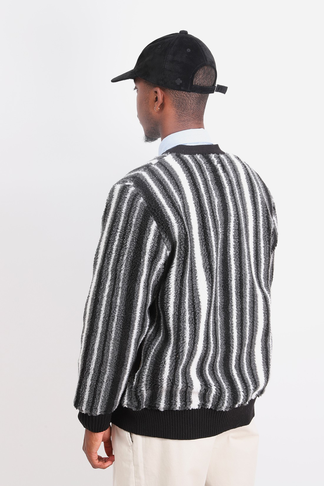 BEAMS PLUS / Fleece cardigan stripe Black