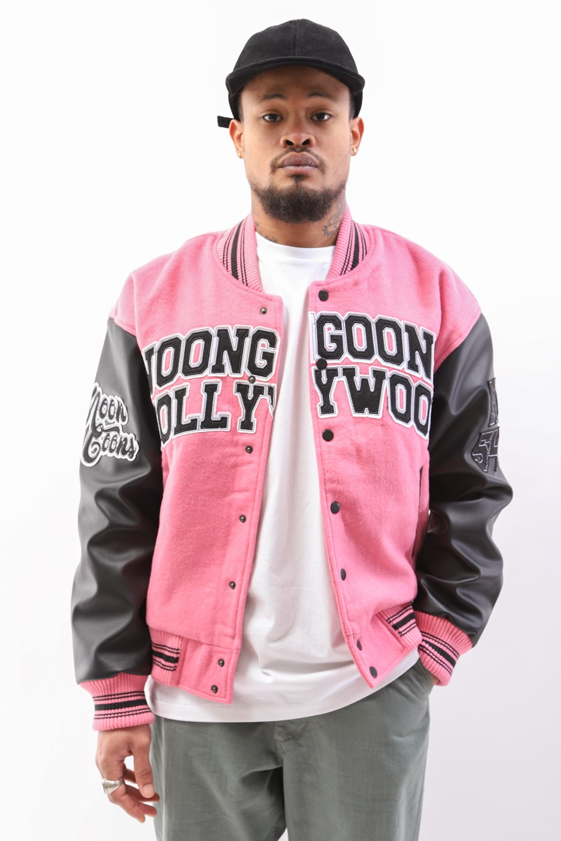 pink and black varsity jacket