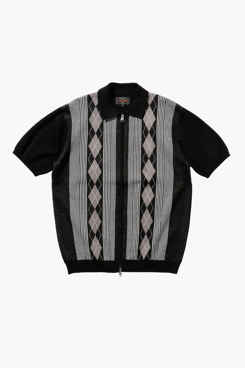 Beams plus Zip knit polo stripe Black - GRADUATE STORE
