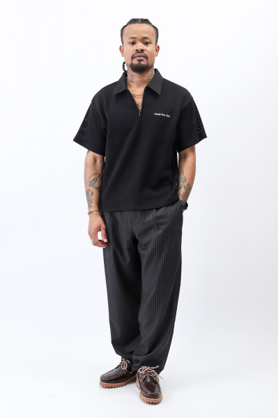 Open knit embroidered polo Black