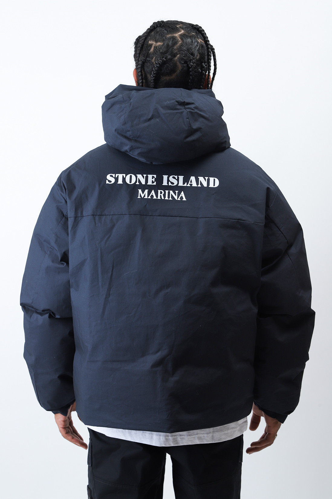 stone island black hooded down jacket