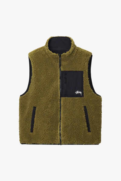 Stussy Sherpa reversible vest Olive - GRADUATE STORE
