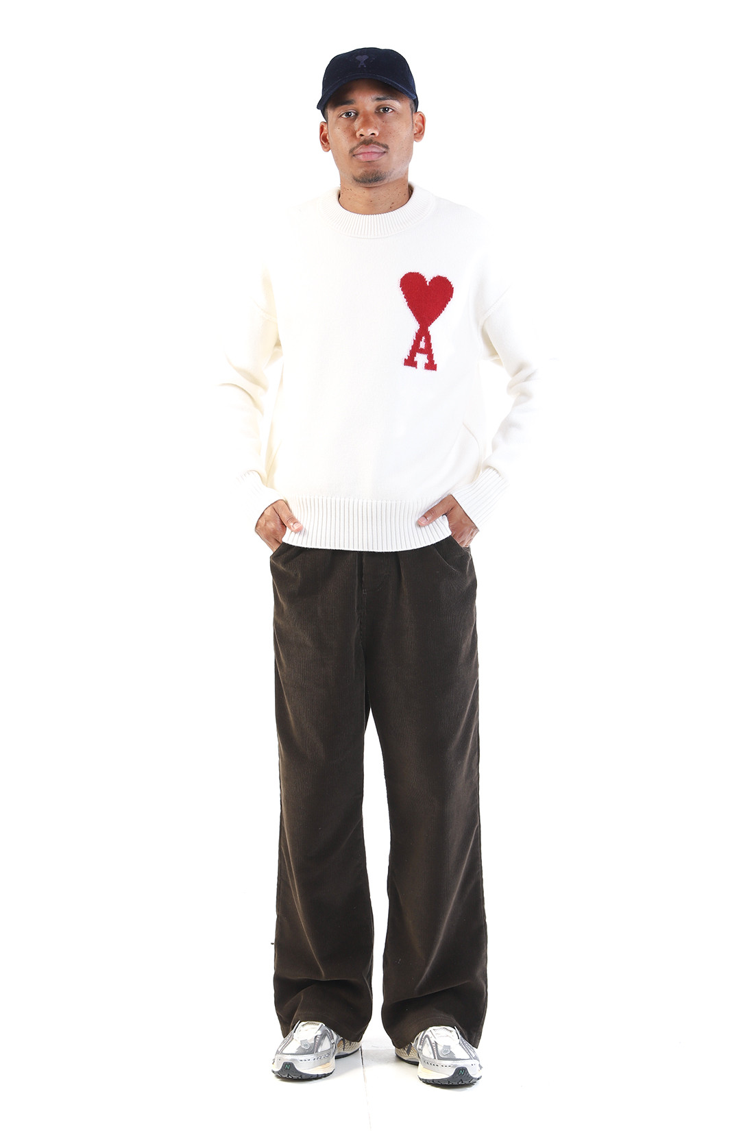 Pull col rond ami de coeur Off white/red