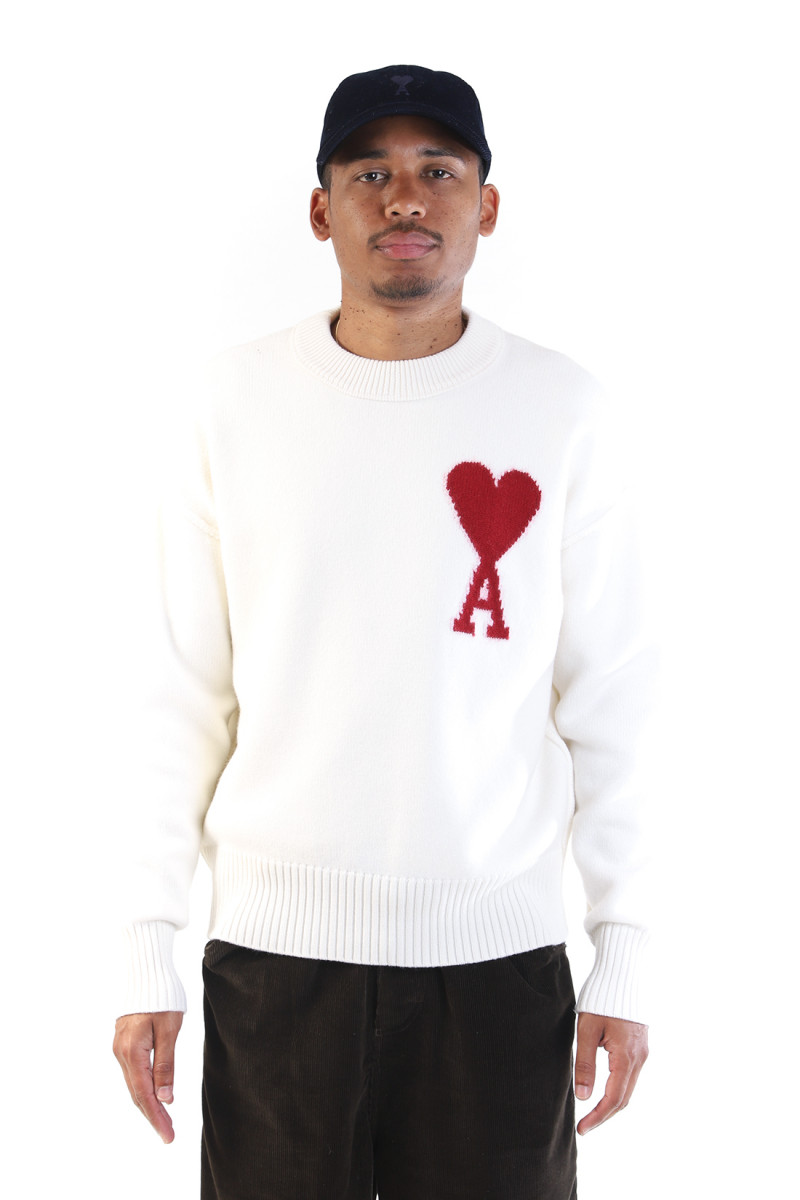 Pull col rond ami de coeur Off white/red