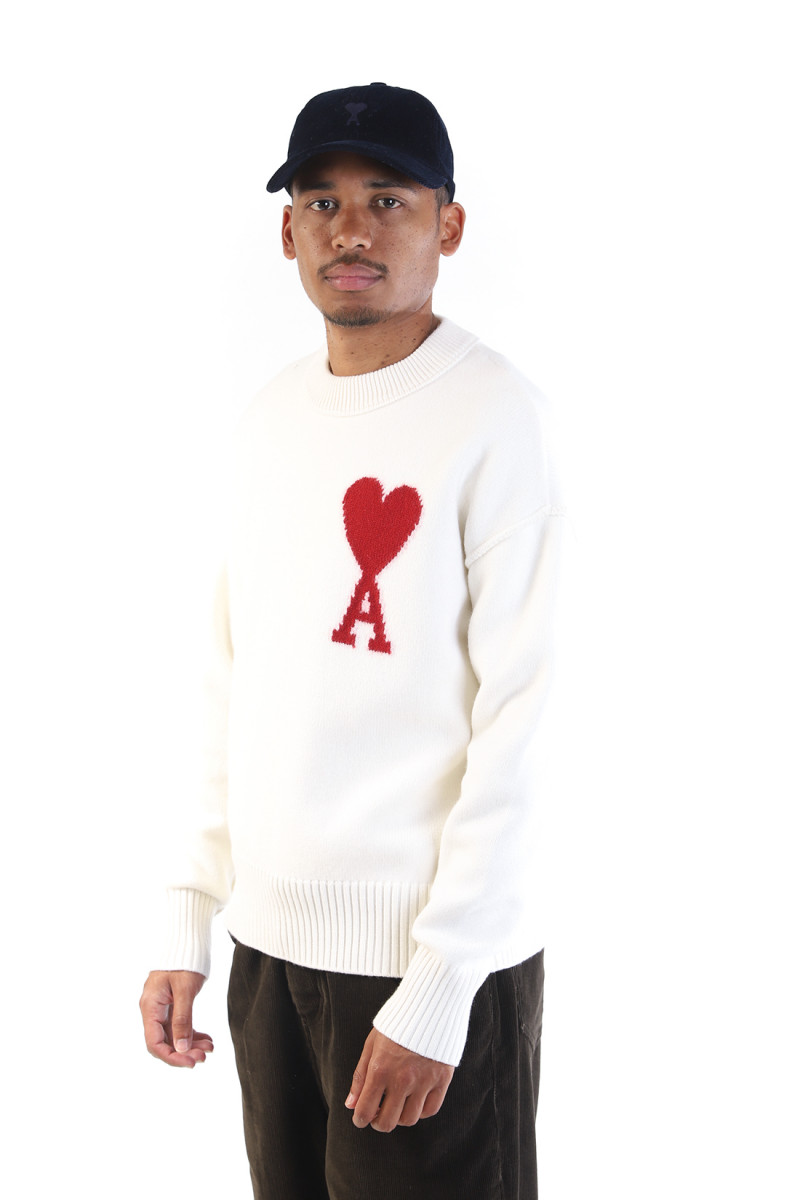 Pull col rond ami de coeur Off white/red