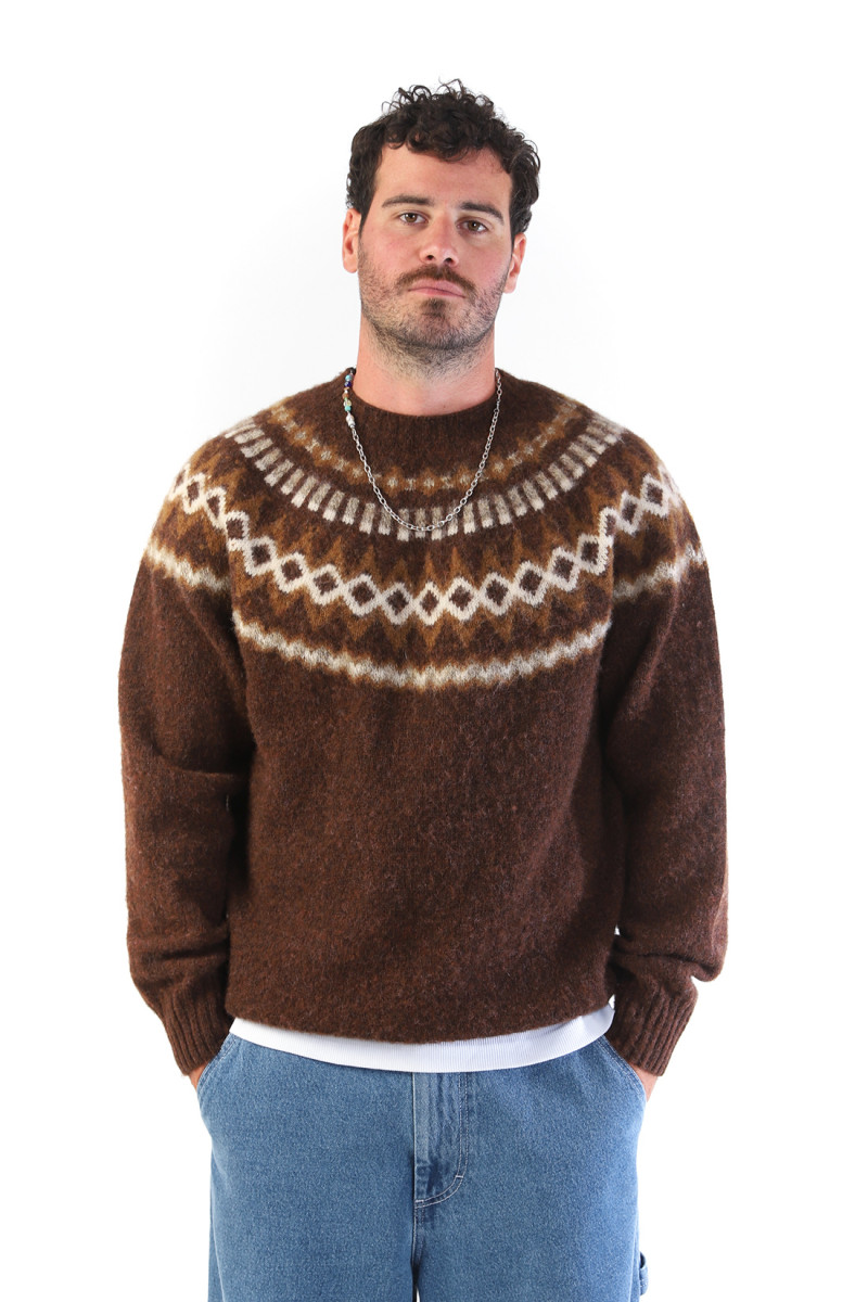 Suedehead fairisle knit crew Brown multi