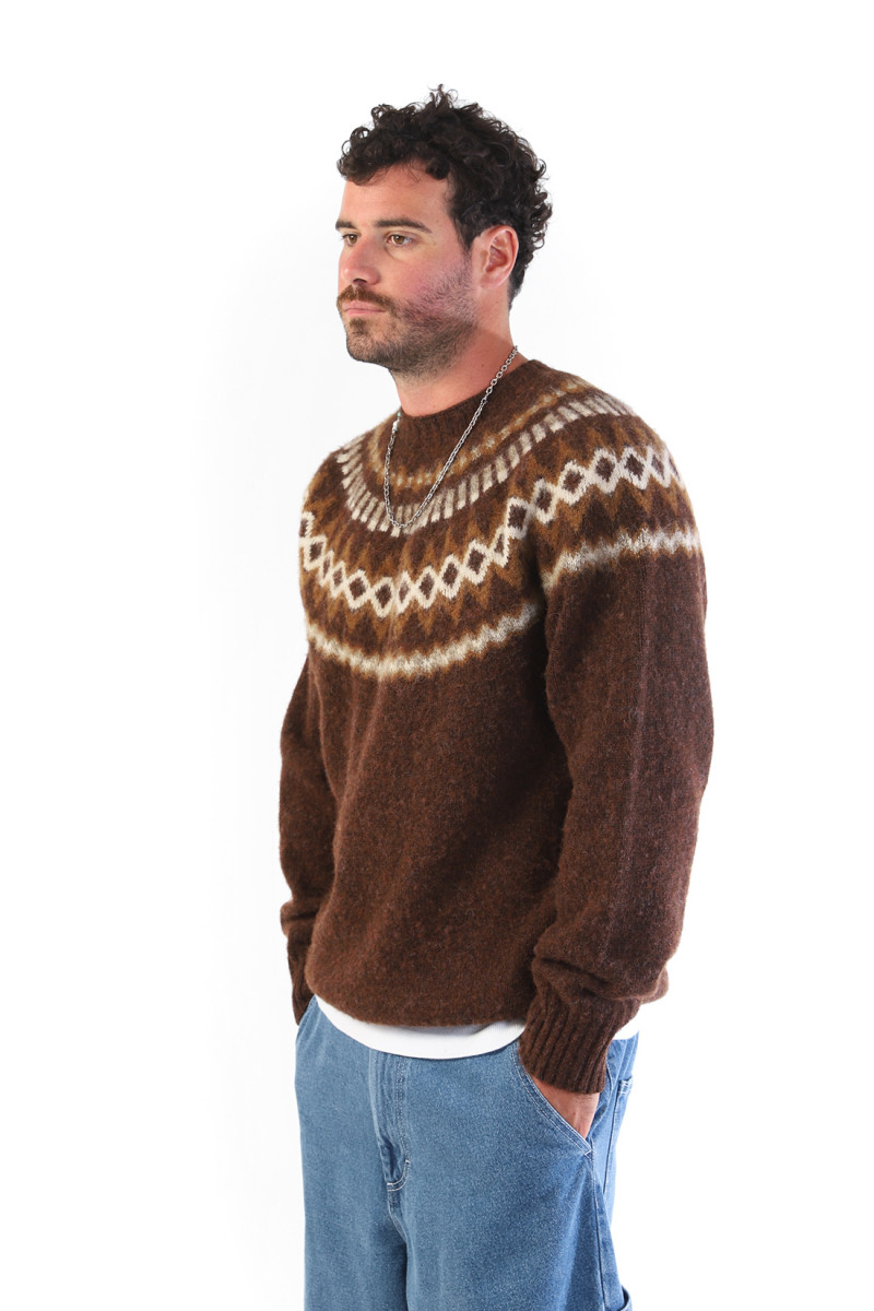 Suedehead fairisle knit crew Brown multi