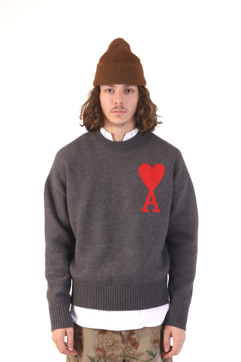 Pull col rond ami de coeur Grey/red