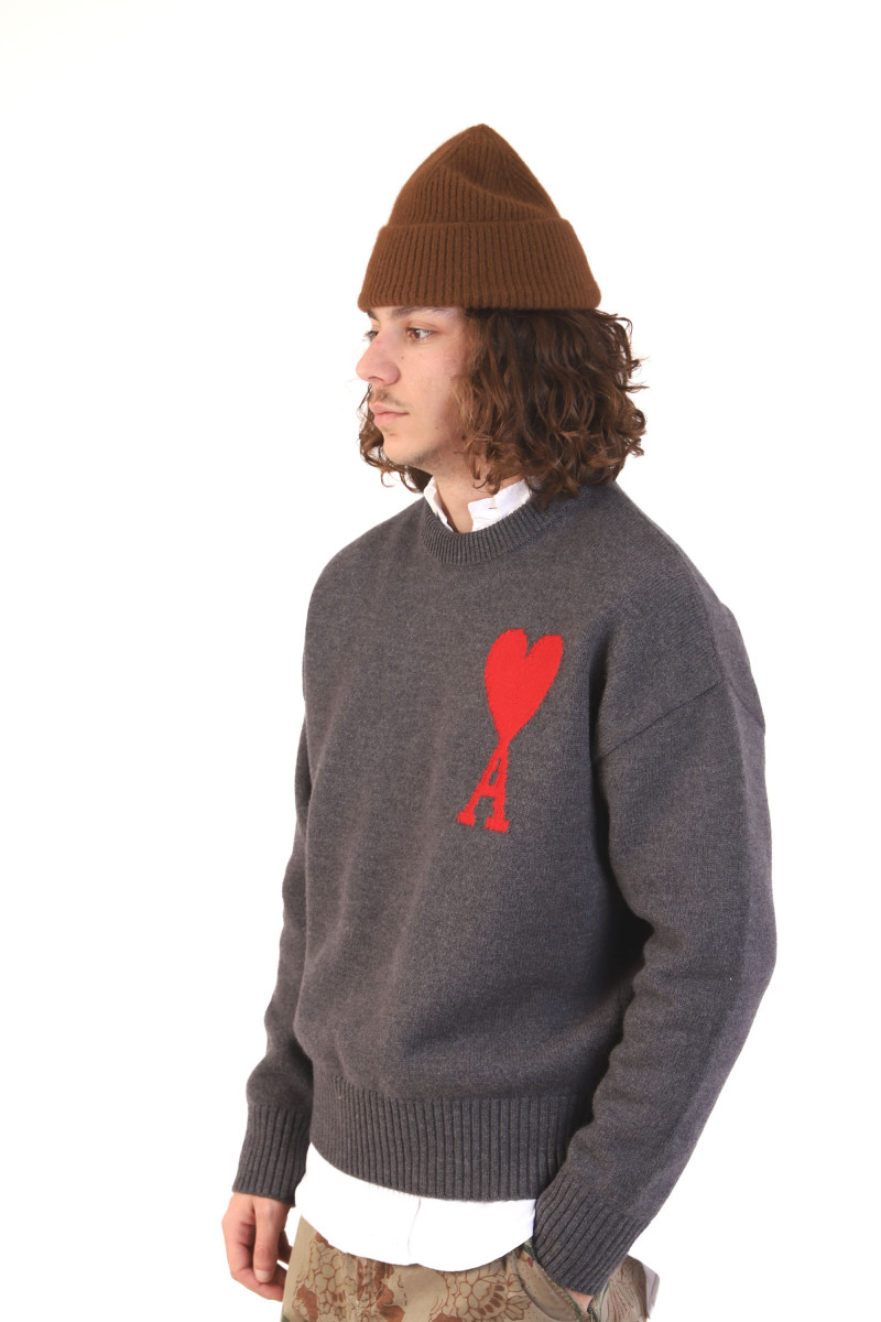 Pull col rond ami de coeur Grey/red