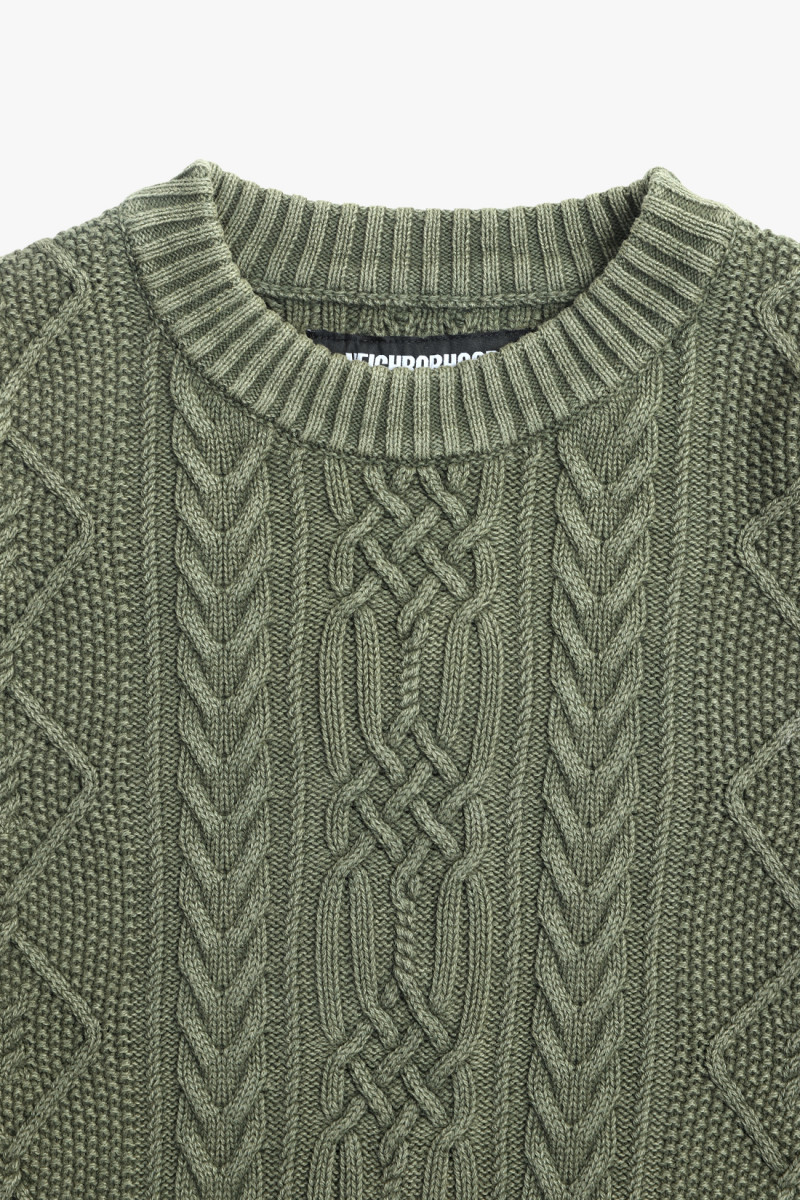 Washed crewneck cable sweater Olive drab