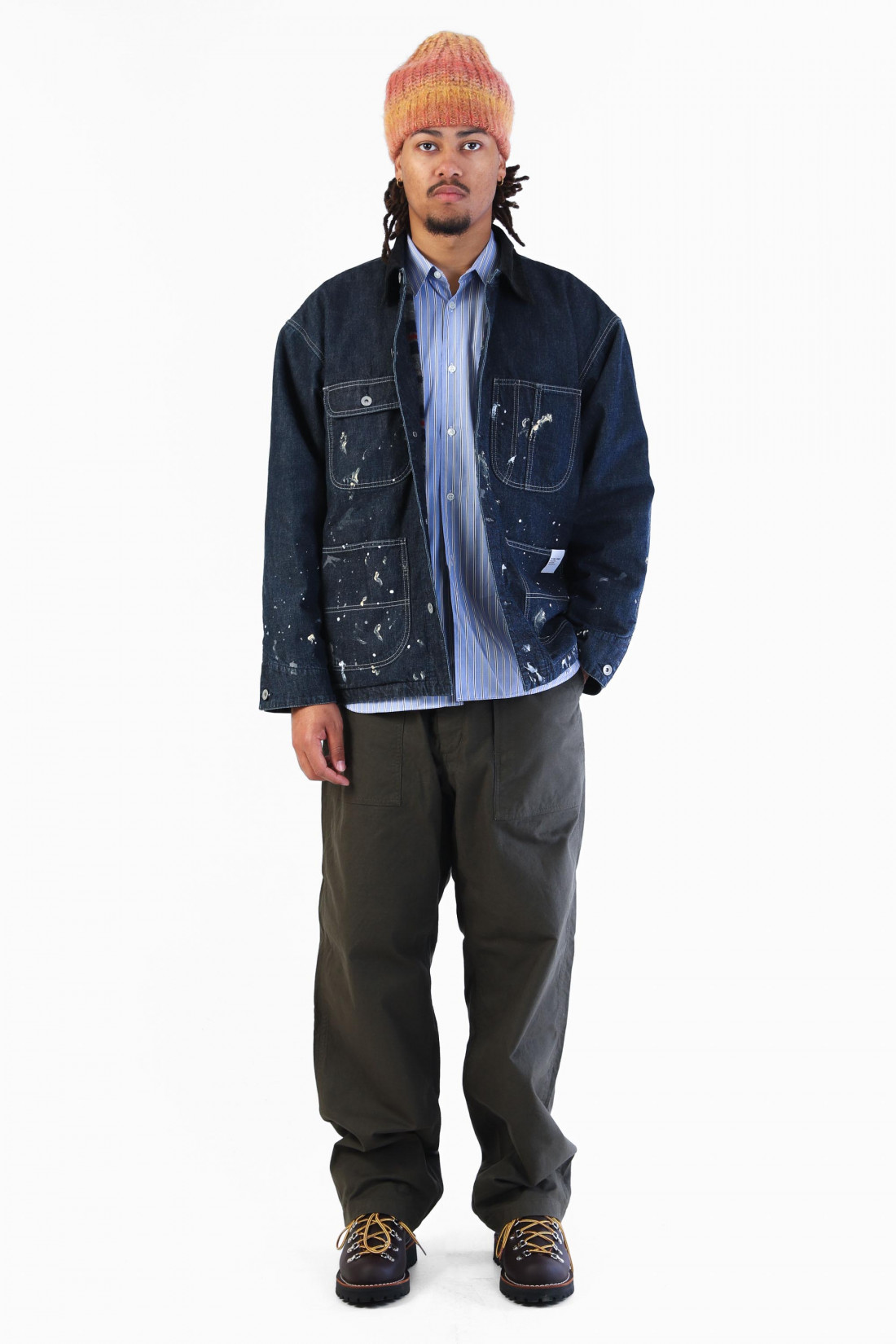 Cord collar washed coverall Indigo