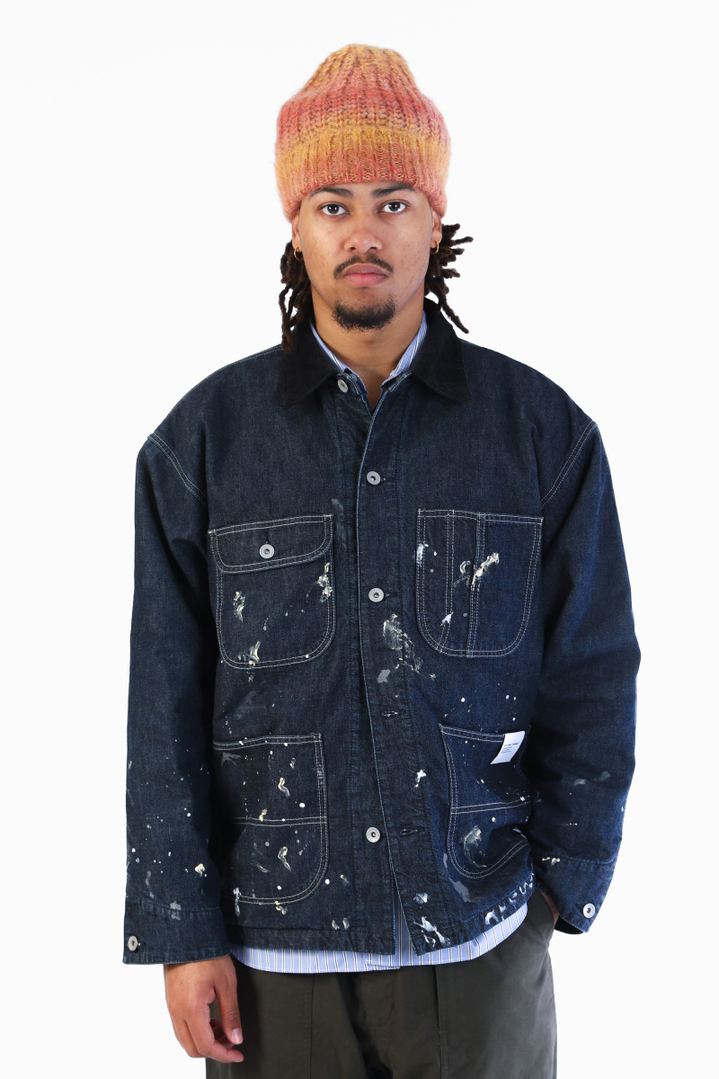 Cord collar washed coverall Indigo