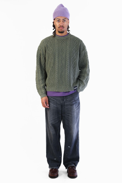 Washed crewneck cable sweater Olive drab