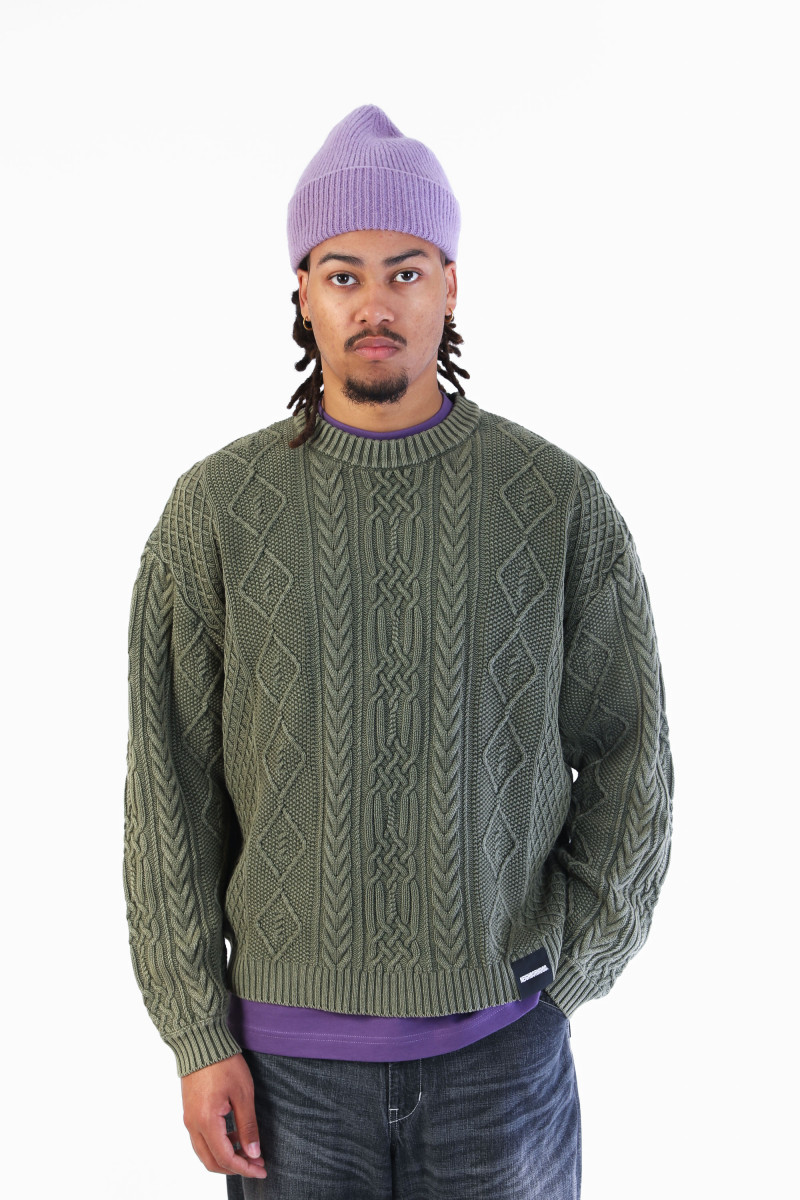 Washed crewneck cable sweater Olive drab