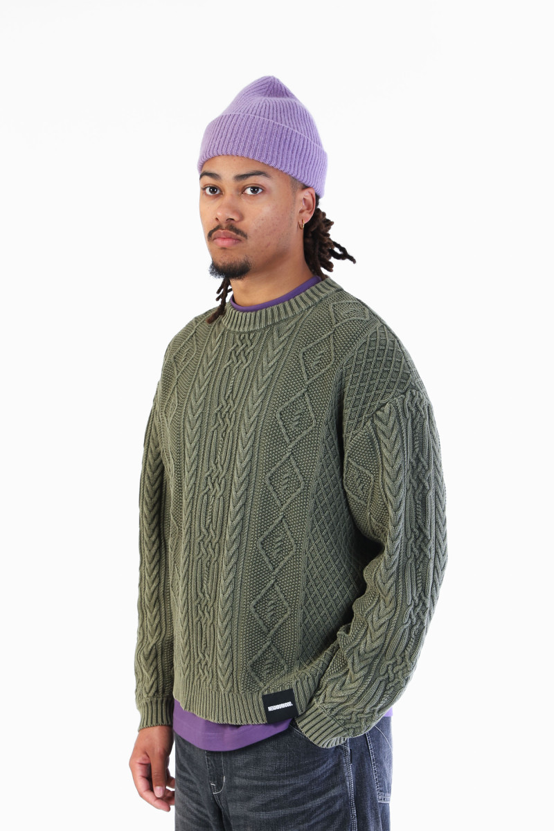 Washed crewneck cable sweater Olive drab