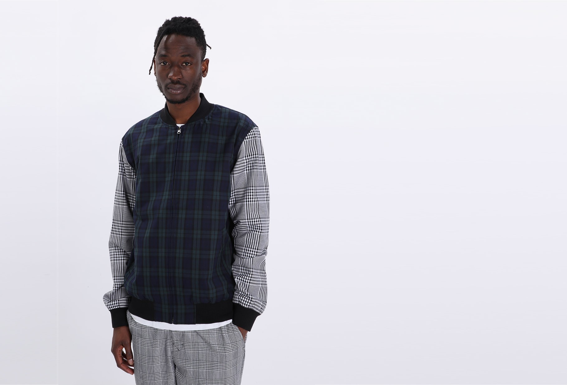 stussy mixed plaid bomber jacket