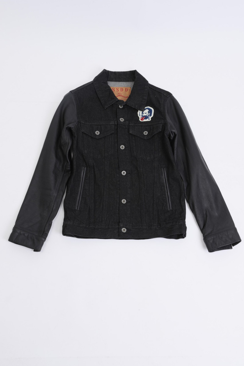 Leather sleeve denim jacket Black
