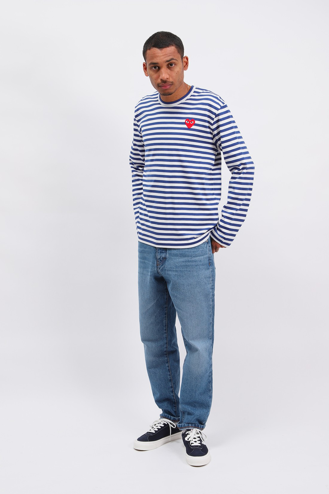 Comme des Garçons Play Men's Long Sleeve Striped T-Shirt - Navy White - Size Medium